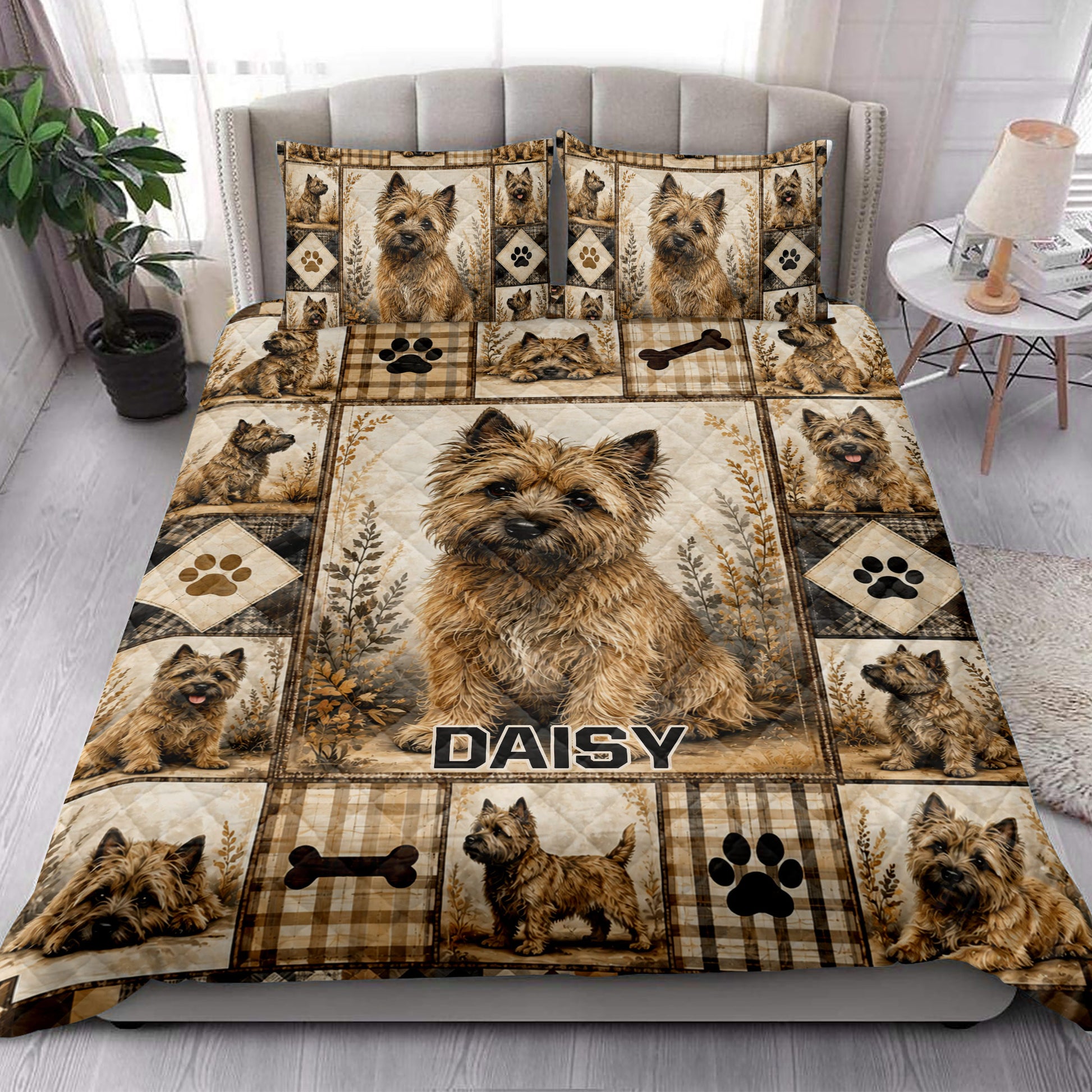 Cairn Terrier quilt blanket styled on a bright bedroom bed with matching dog artwork and rustic plaid design