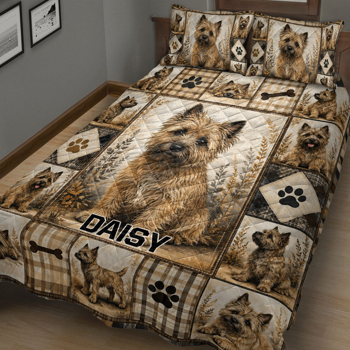Cairn Terrier quilt bedding displayed on a bed with a large dog portrait, paw prints, bones, and earthy colors