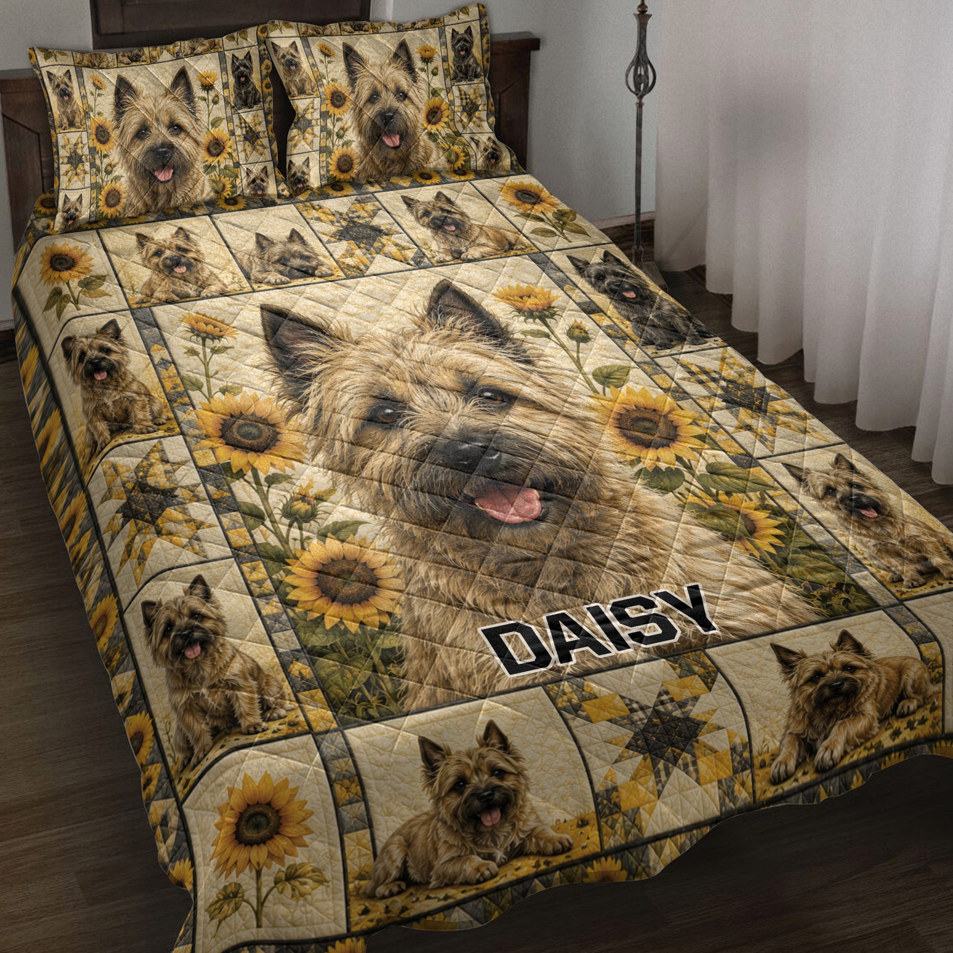 Cairn Terrier quilt blanket spread across a bed with sunflower patchwork and multiple dog portraits