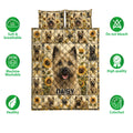 Cairn Terrier quilt bedding design with sunflower panels, dog portraits, and product feature icons