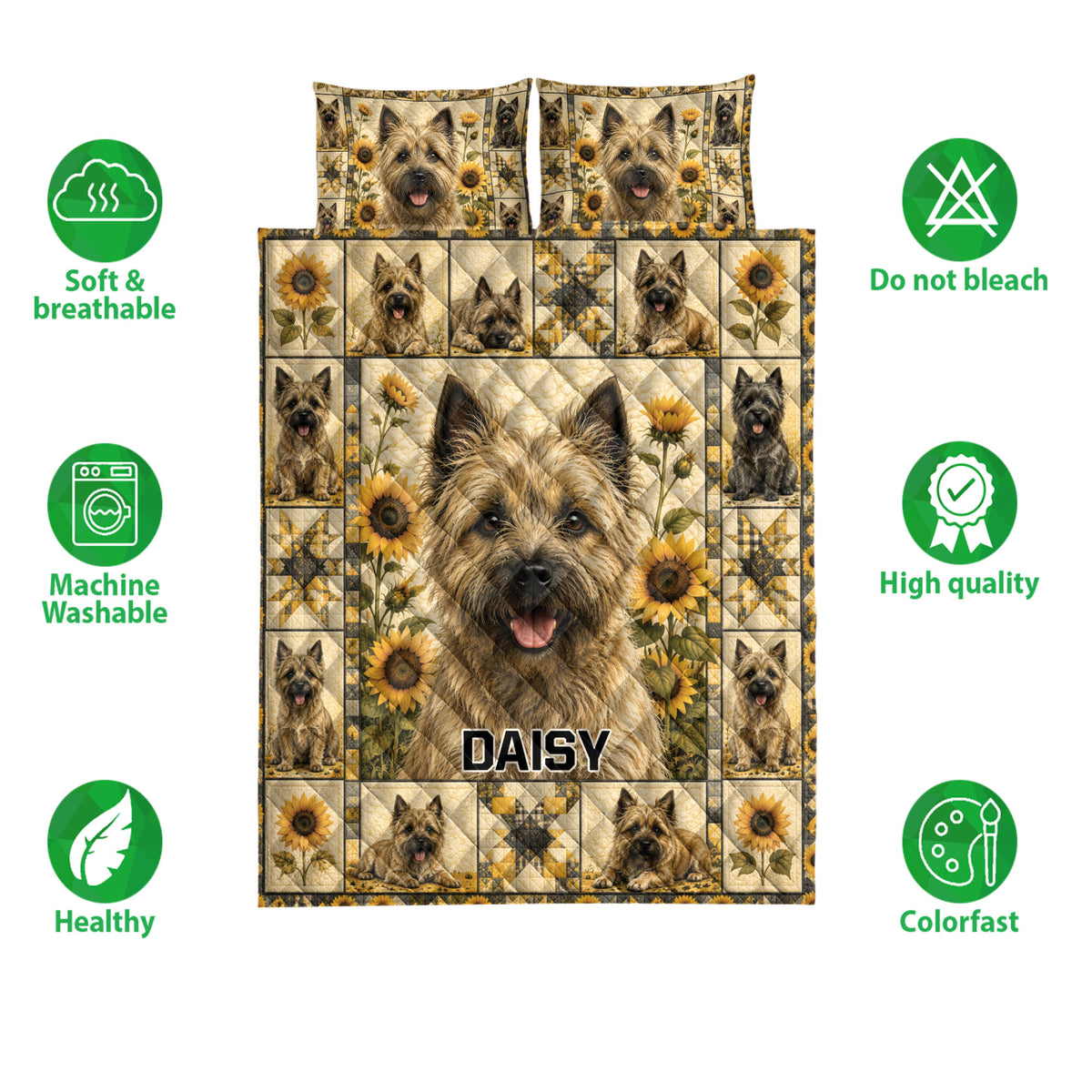 Cairn Terrier quilt bedding design with sunflower panels, dog portraits, and product feature icons