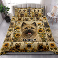 Cairn Terrier quilt blanket styled on a bright bedroom with sunflower artwork and dog portraits