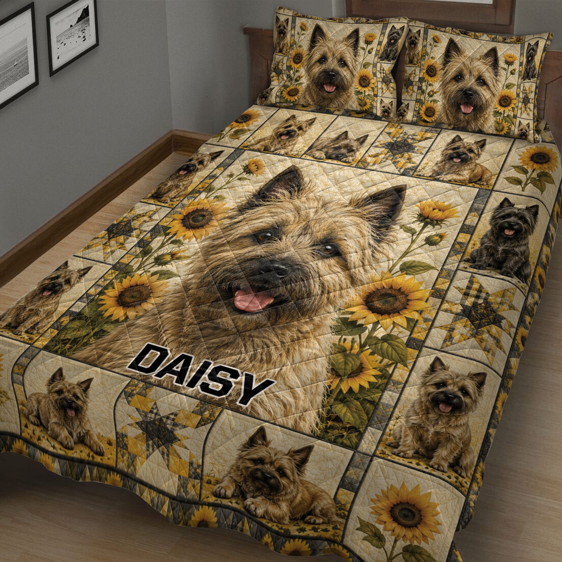 Cairn Terrier bedding set displayed on a bed with rustic sunflower patchwork and repeated dog artwork