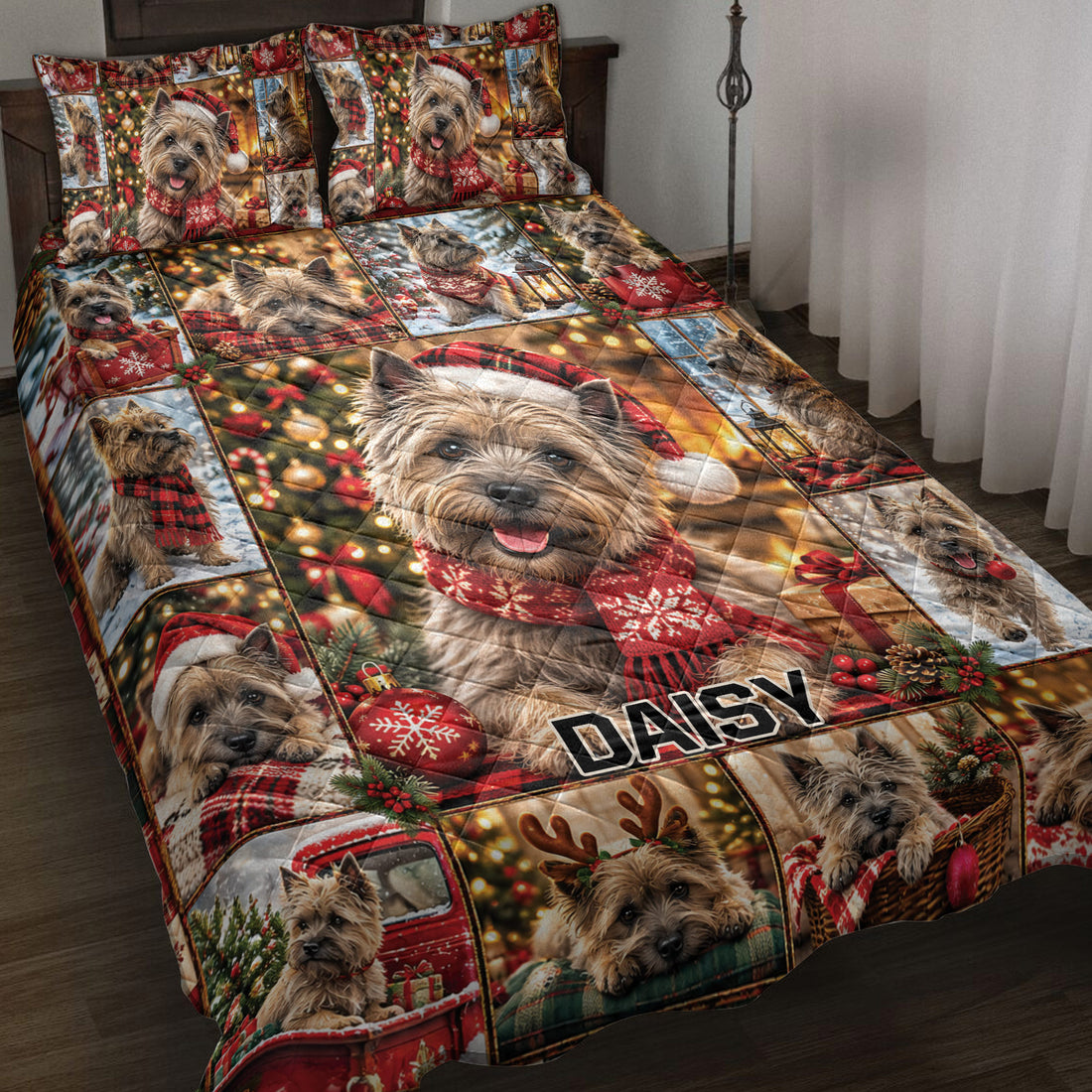 Cairn Terrier quilt blanket spread across a bed with Christmas lights, gifts, scarves, and holiday scenes