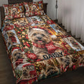 Cairn Terrier quilt blanket spread across a bed with Christmas lights, gifts, scarves, and holiday scenes