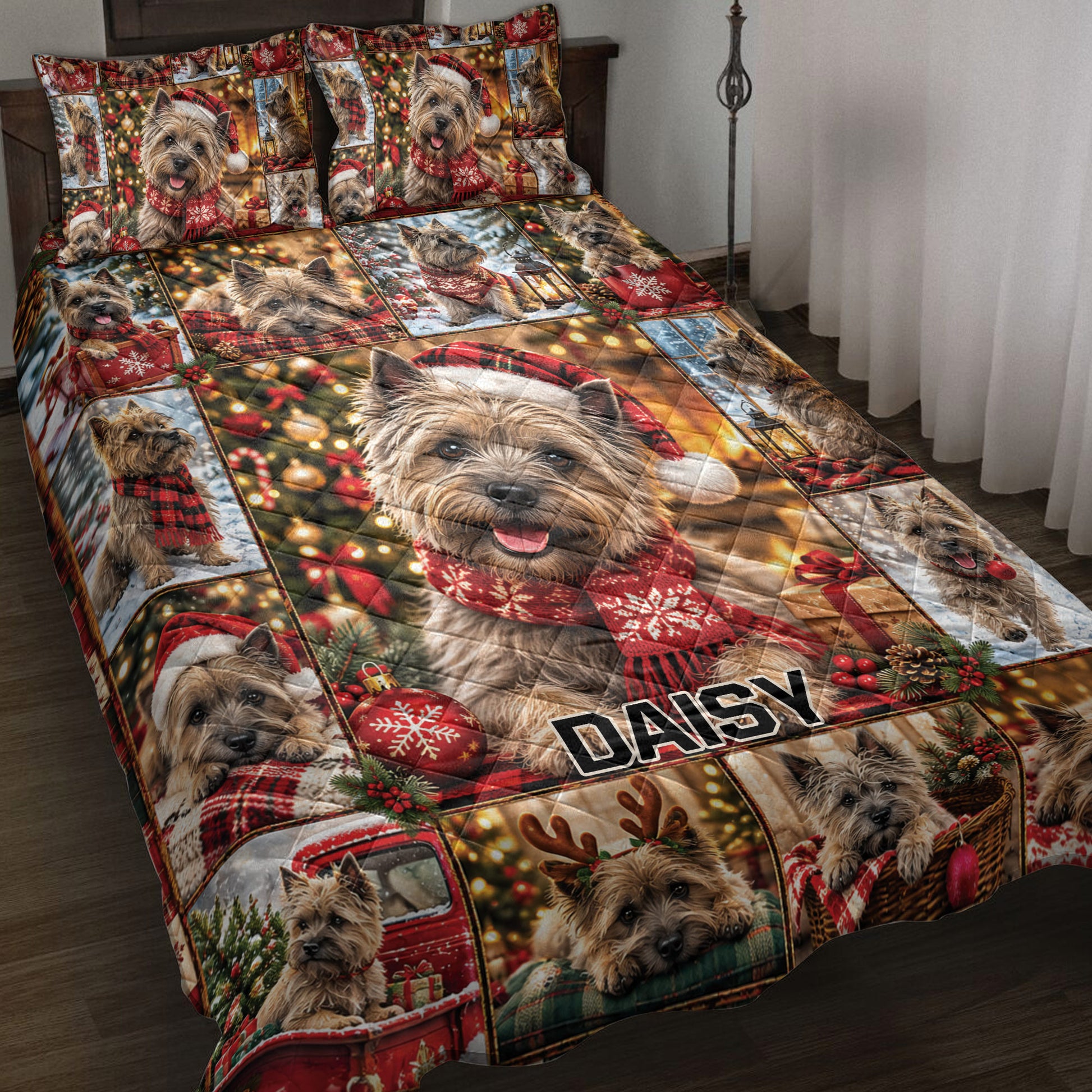 Cairn Terrier quilt blanket spread across a bed with Christmas lights, gifts, scarves, and holiday scenes