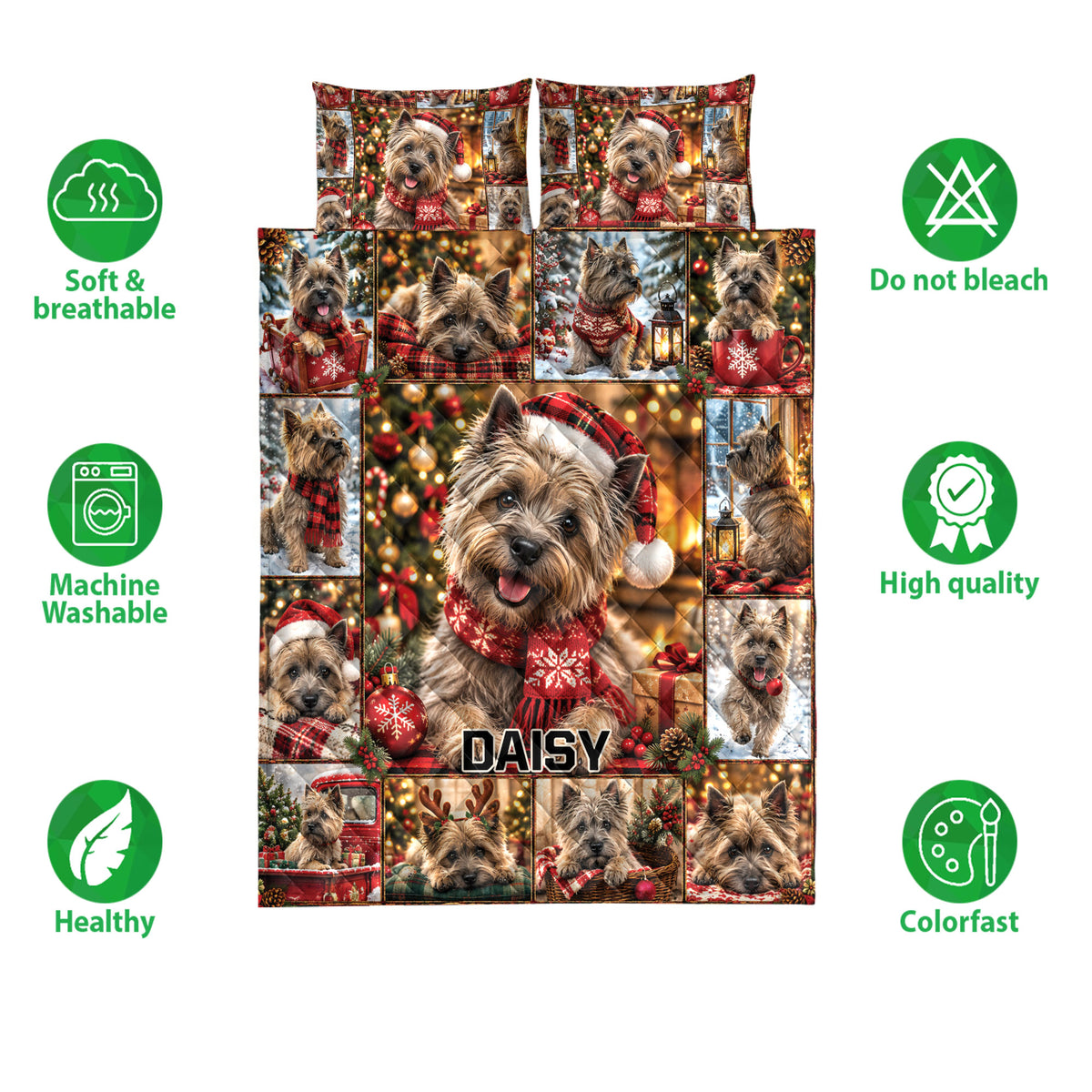 Christmas Cairn Terrier quilt bedding set shown with festive dog artwork and product feature icons