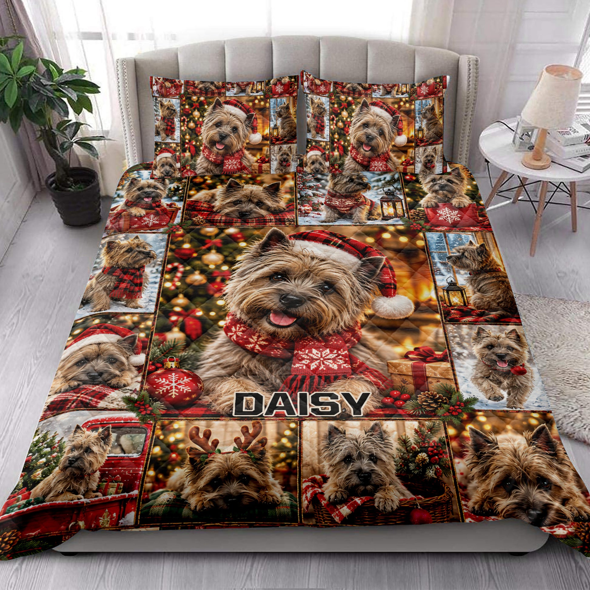 Cairn Terrier Christmas quilt blanket styled on a bright bedroom bed with matching festive artwork