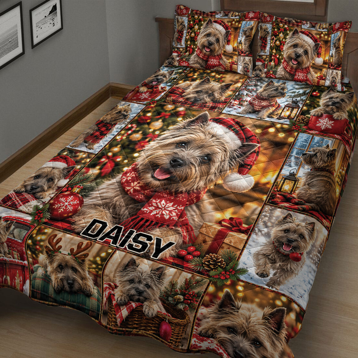 Close bedroom view of a Cairn Terrier quilt blanket with Santa hats, scarves, ornaments, and gifts