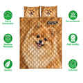 Pomeranian quilt bedding set shown with product care and quality feature icons