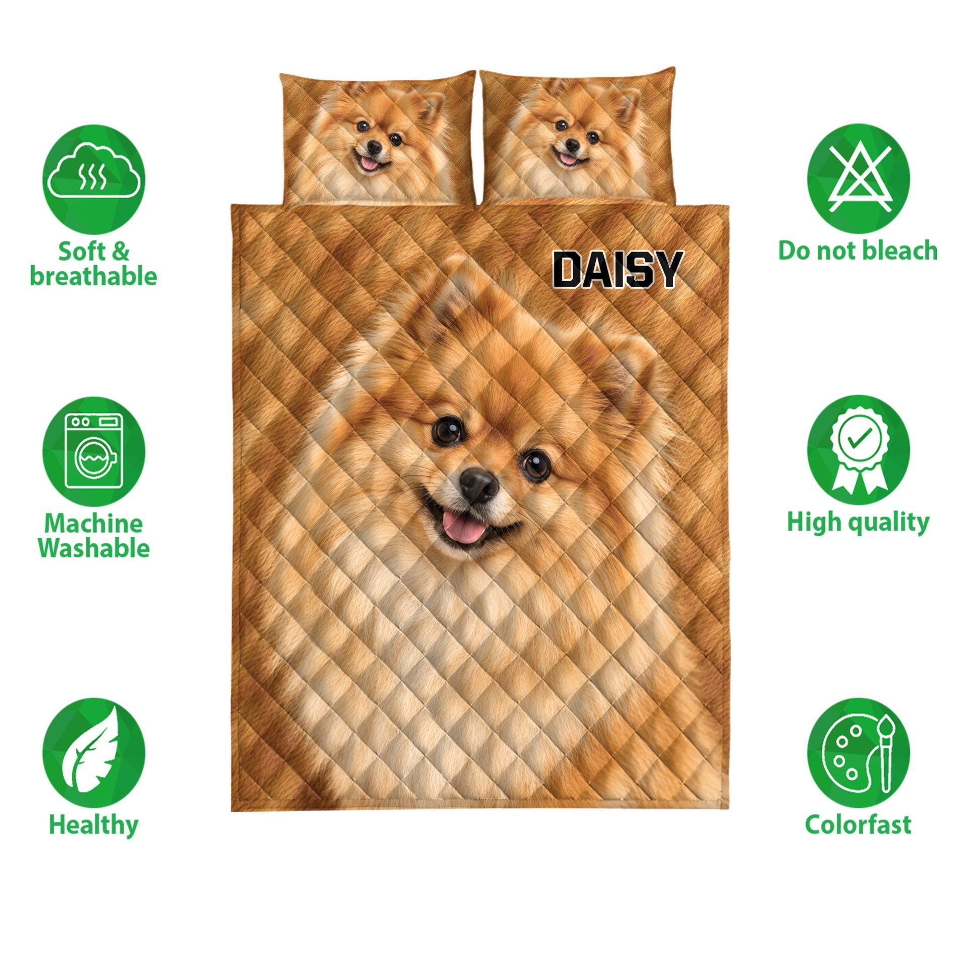 Pomeranian quilt bedding set shown with product care and quality feature icons