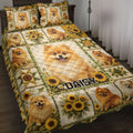 Pomeranian quilt blanket displayed on a bed with sunflower panels and coordinating dog artwork
