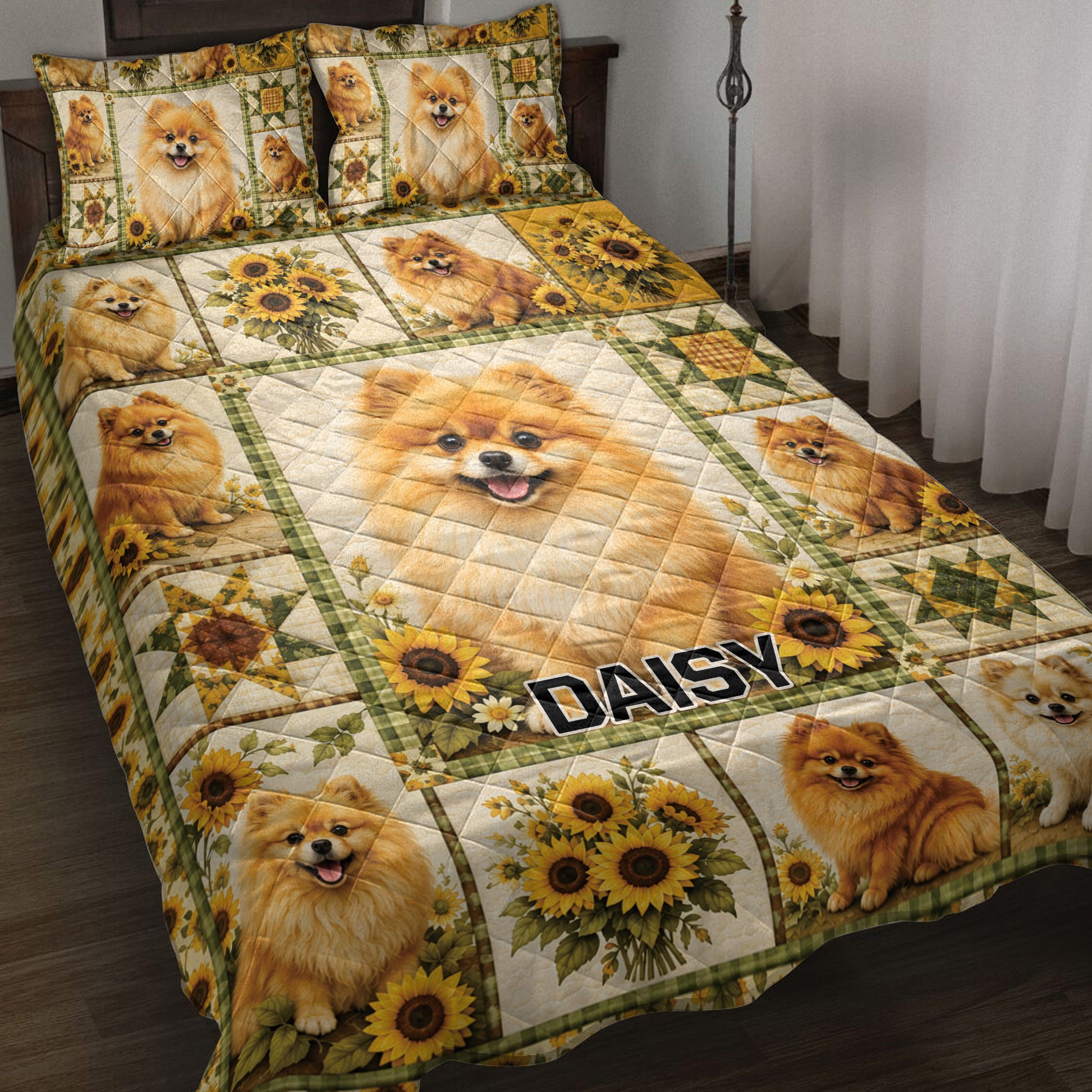 Pomeranian quilt blanket displayed on a bed with sunflower panels and coordinating dog artwork