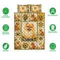 Pomeranian quilt bedding set with sunflower artwork and soft breathable care feature icons
