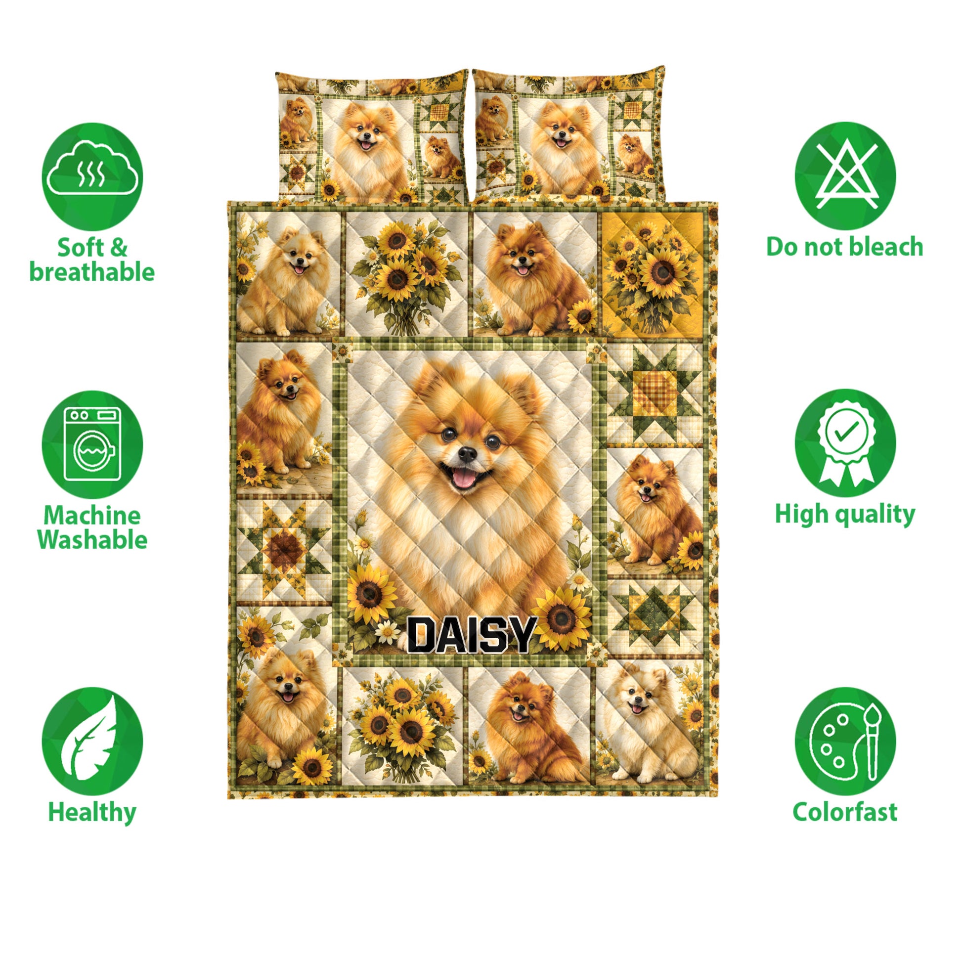 Pomeranian quilt bedding set with sunflower artwork and soft breathable care feature icons