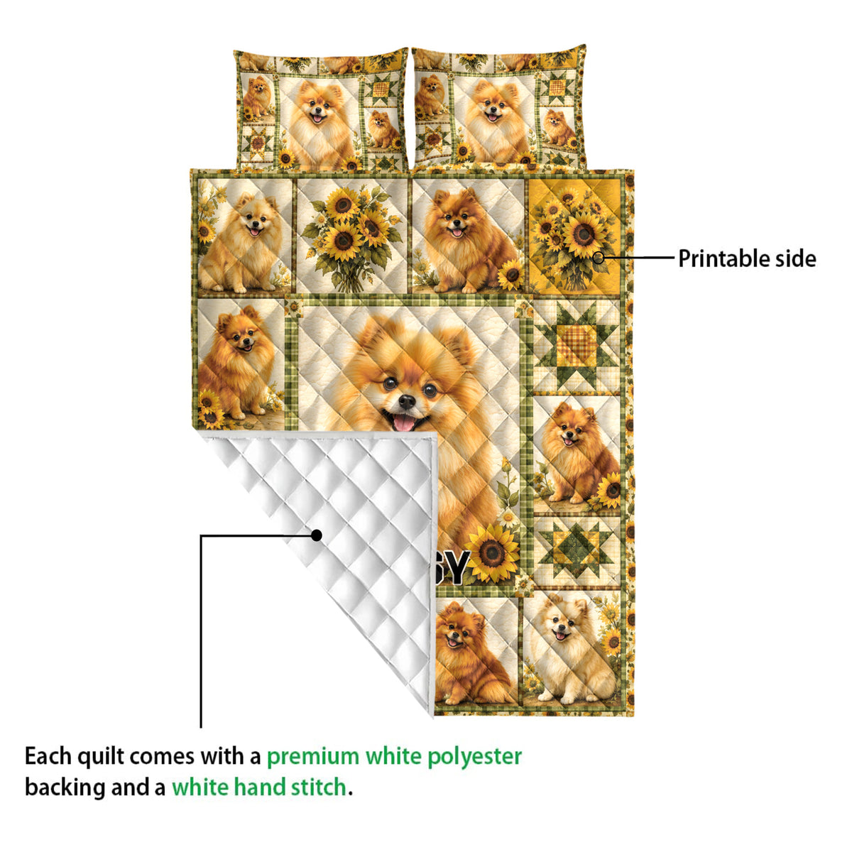 Pomeranian quilt showing a colorful printed side and white diamond-quilted backing