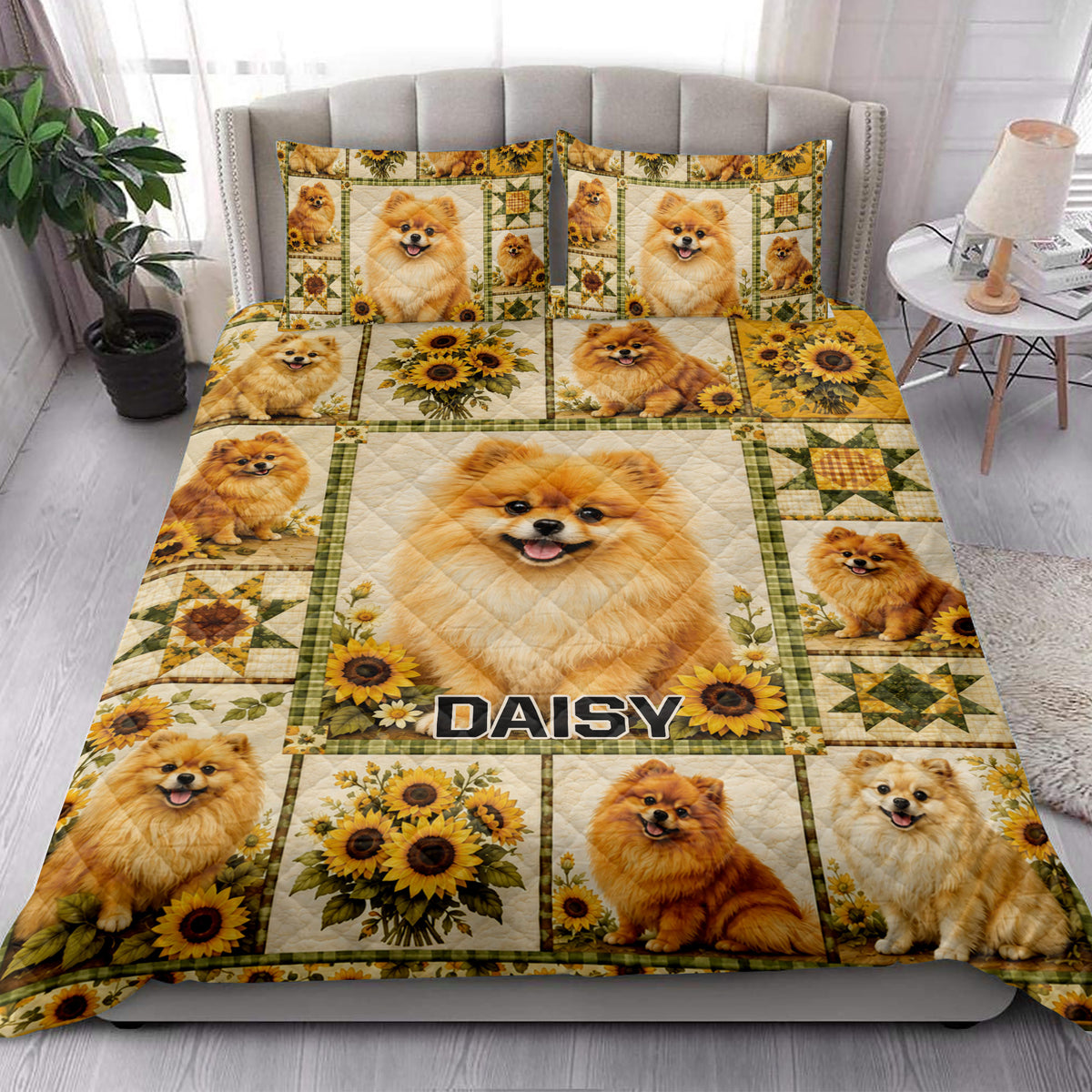 Pomeranian quilt blanket styled in a bright bedroom with sunflower and dog artwork