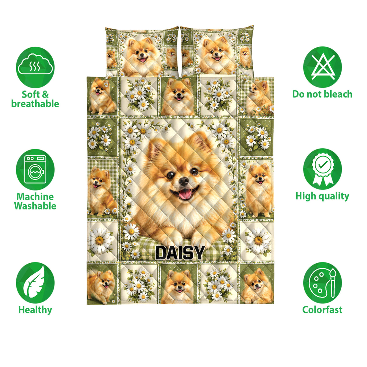 Pomeranian quilt bedding set shown with repeated dog portraits, daisy artwork, and feature icons