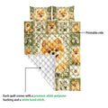 Pomeranian quilt shown with printed dog and daisy artwork alongside its white quilted backing