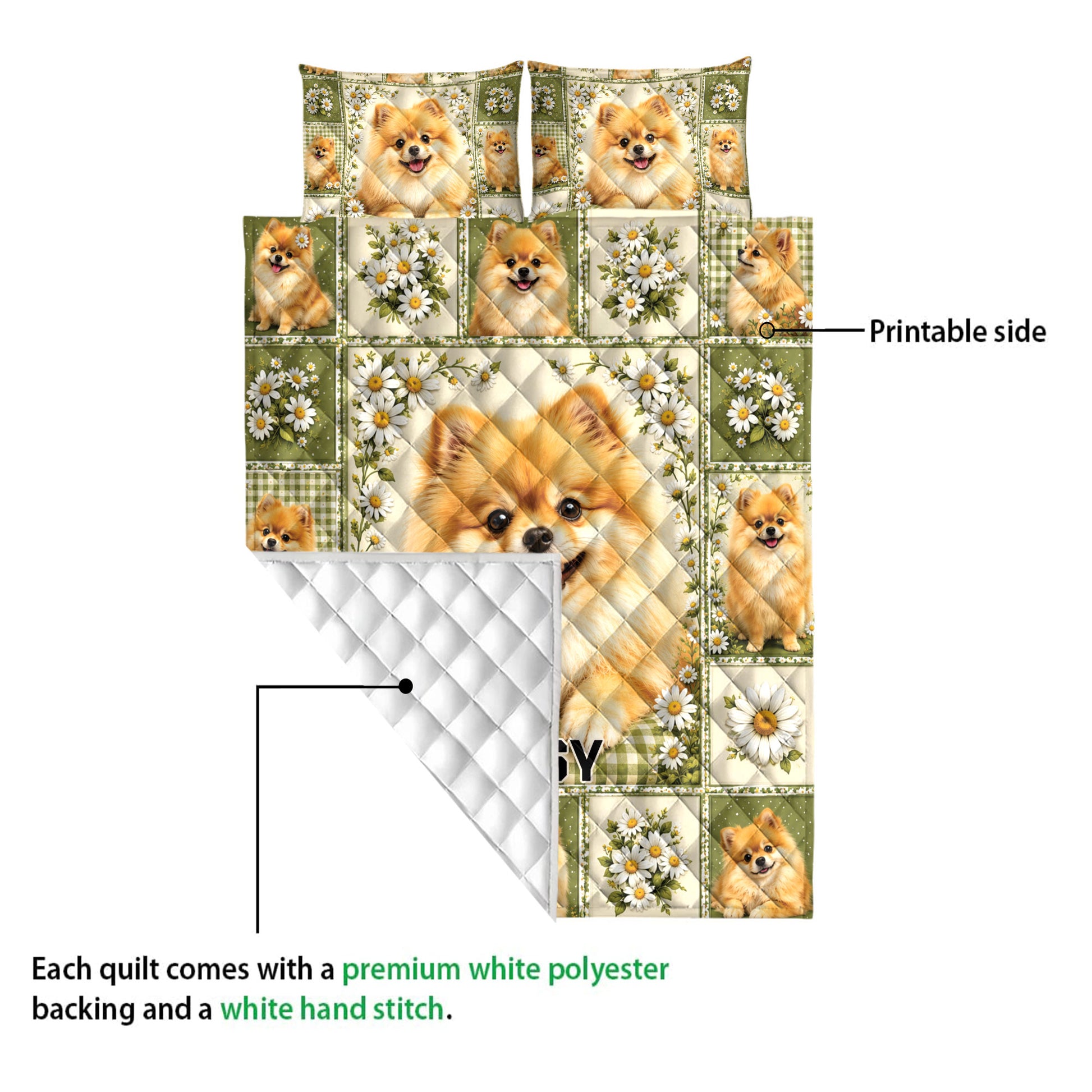 Pomeranian quilt shown with printed dog and daisy artwork alongside its white quilted backing