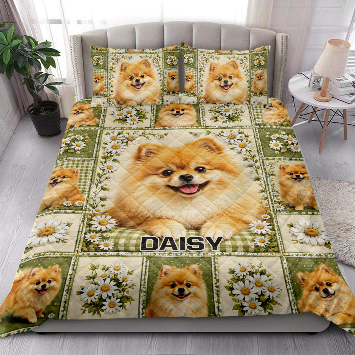 Pomeranian quilt blanket styled on a bedroom bed with floral borders and repeated dog portraits