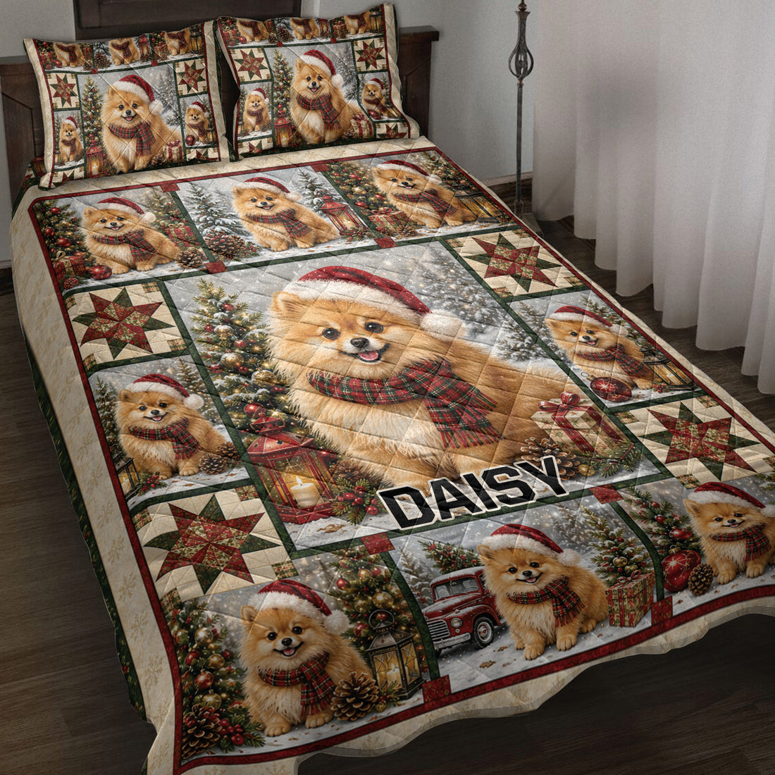 Pomeranian quilt bedding set with Christmas dogs, scarves, gifts, trees, lanterns, and patchwork stars