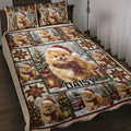 Pomeranian quilt bedding set with Christmas dogs, scarves, gifts, trees, lanterns, and patchwork stars
