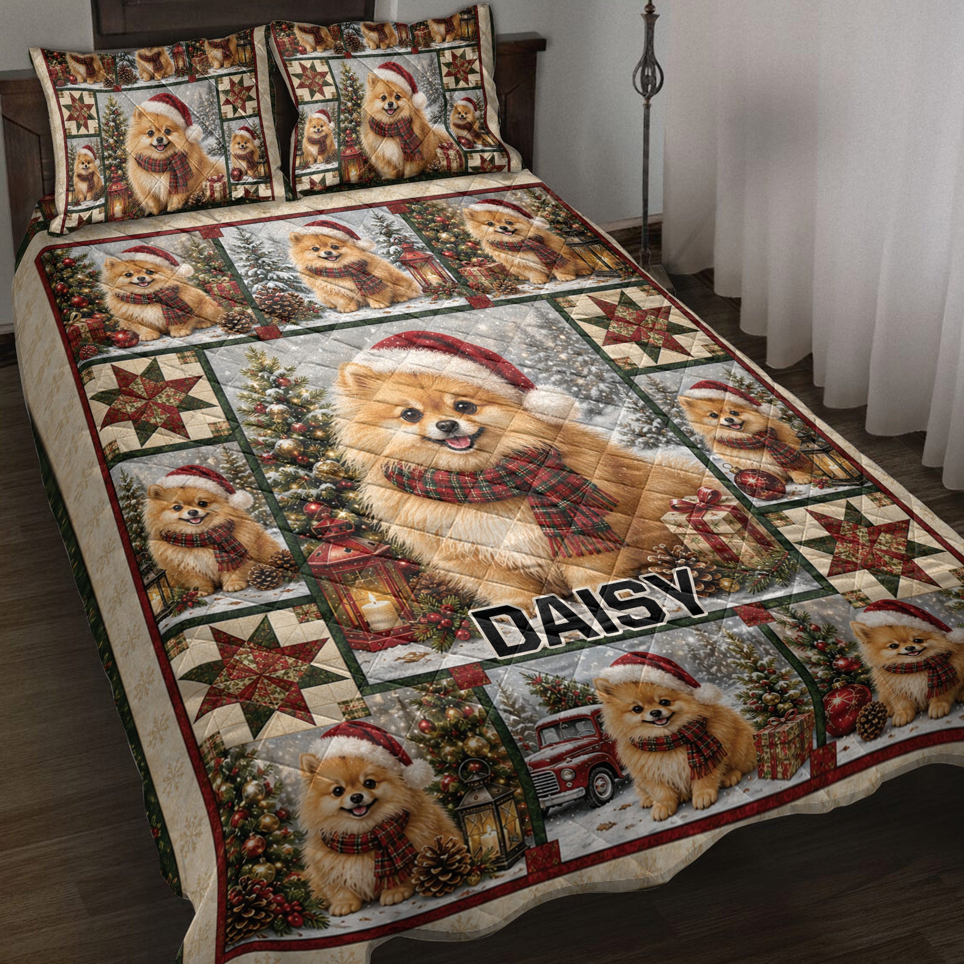 Pomeranian quilt bedding set with Christmas dogs, scarves, gifts, trees, lanterns, and patchwork stars