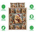 Pomeranian Christmas quilt bedding set displayed with soft breathable and care feature icons