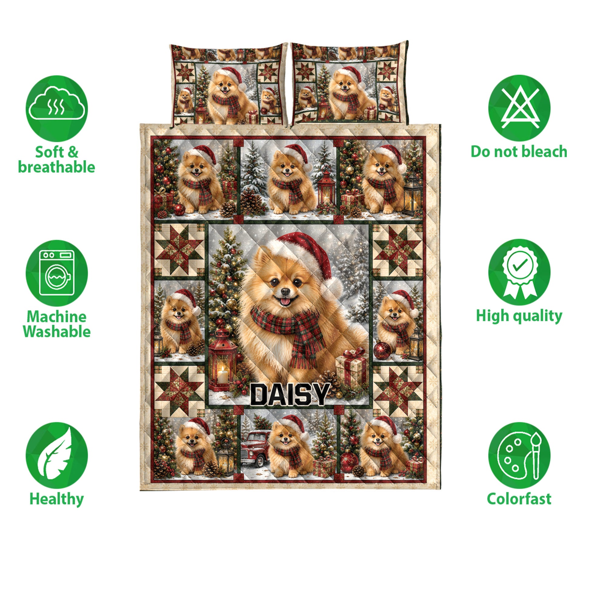 Pomeranian Christmas quilt bedding set displayed with soft breathable and care feature icons