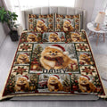 Pomeranian Christmas quilt bedding set styled on a bed in a bright bedroom