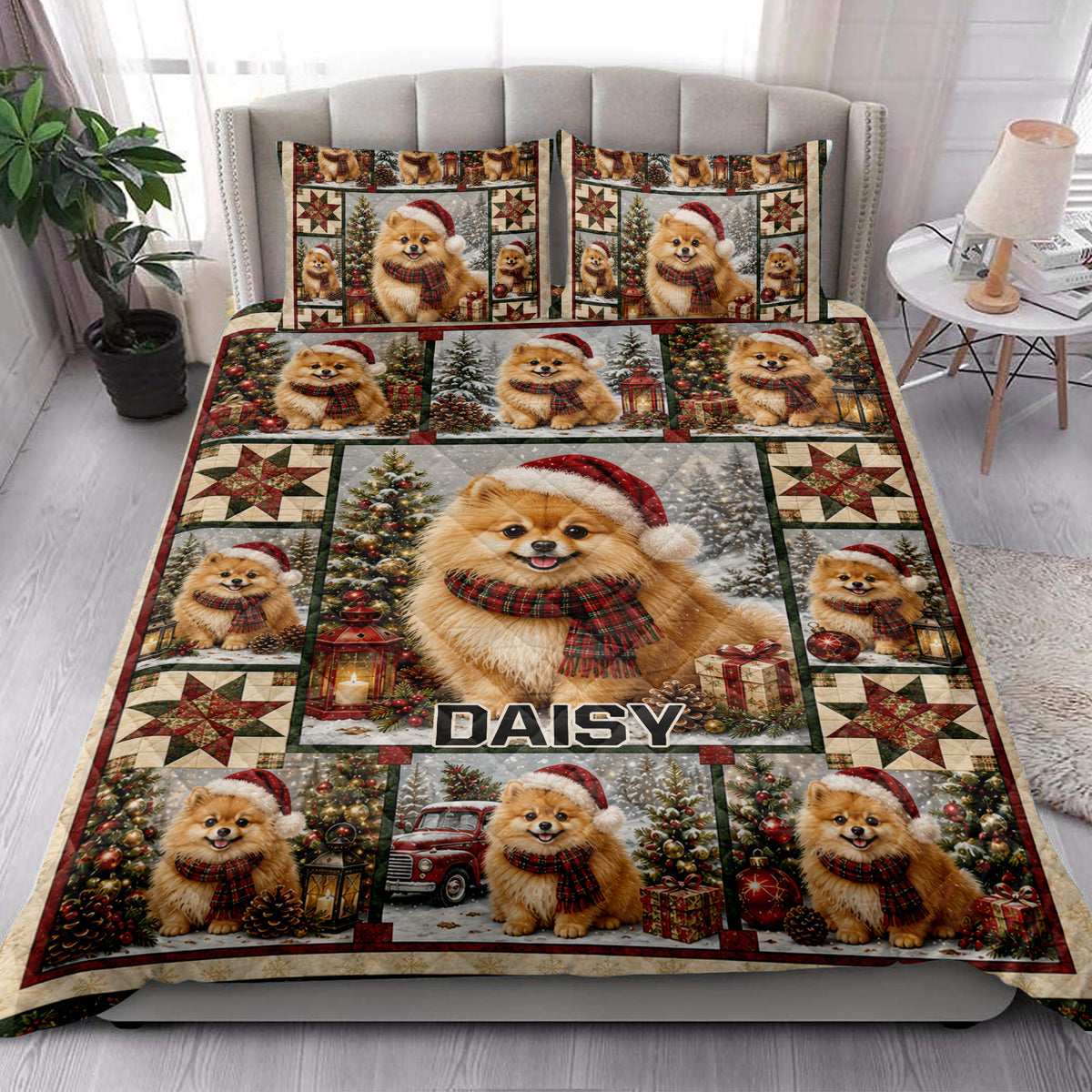 Pomeranian Christmas quilt bedding set styled on a bed in a bright bedroom