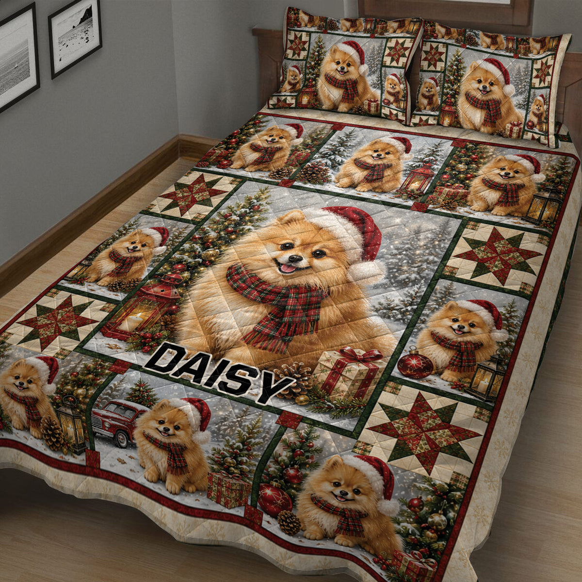 Close view of Pomeranian Christmas quilt blanket with festive scenes, gifts, trees, and patchwork stars