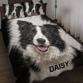 Border Collie quilt blanket bedding set displayed on a bed with matching dog portrait pillow designs