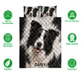 Border Collie quilt bedding set shown with matching pillows and visible care and quality feature icons