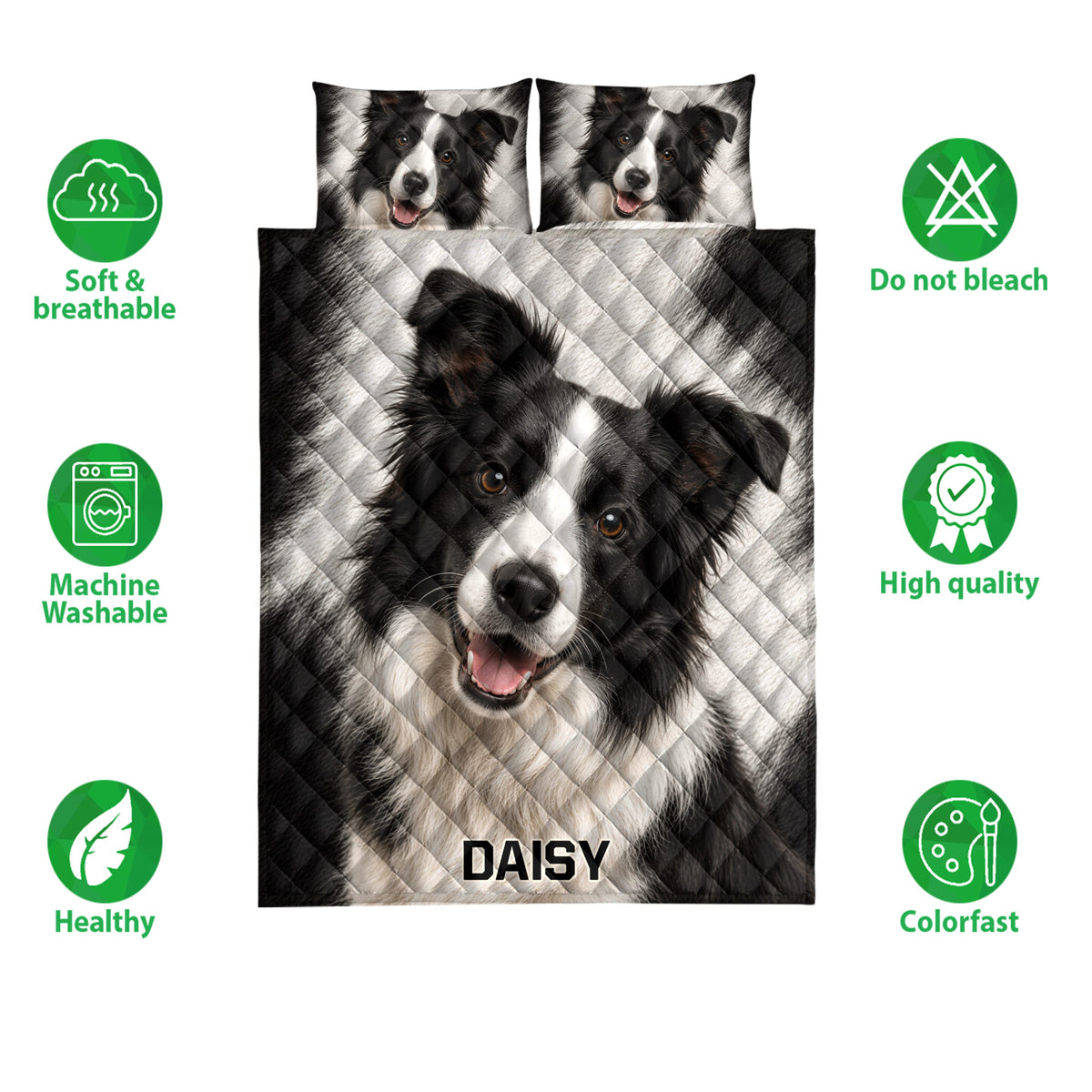 Border Collie quilt bedding set shown with matching pillows and visible care and quality feature icons