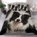 Border Collie quilt bedding set styled in a bright bedroom with a large dog portrait design
