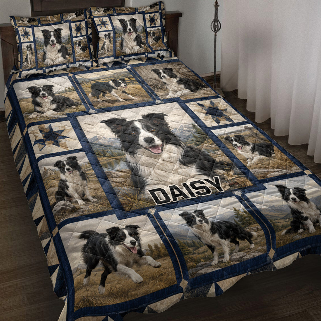 Border Collie quilt blanket displayed on a bed with scenic dog portraits, navy borders and star quilt blocks