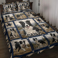 Border Collie quilt blanket displayed on a bed with scenic dog portraits, navy borders and star quilt blocks