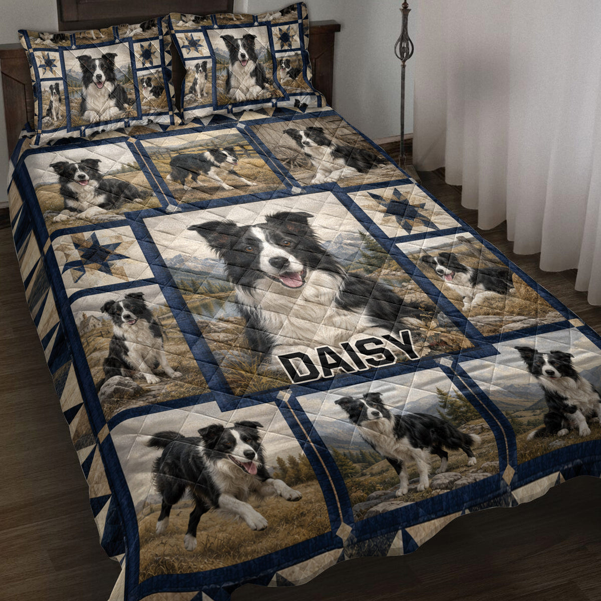 Border Collie quilt blanket displayed on a bed with scenic dog portraits, navy borders and star quilt blocks