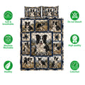 Border Collie quilt bedding set with scenic dog portraits, star blocks and product feature icons