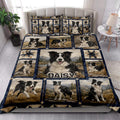 Border Collie quilt bedding set styled on a bedroom bed with matching dog portrait panels