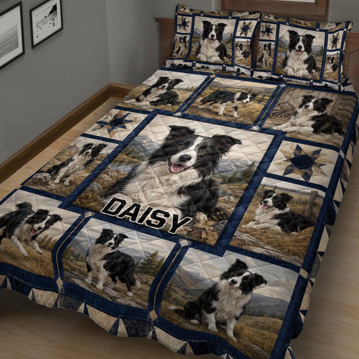 Border Collie quilt blanket spread across a bed with multiple black and white dog portraits
