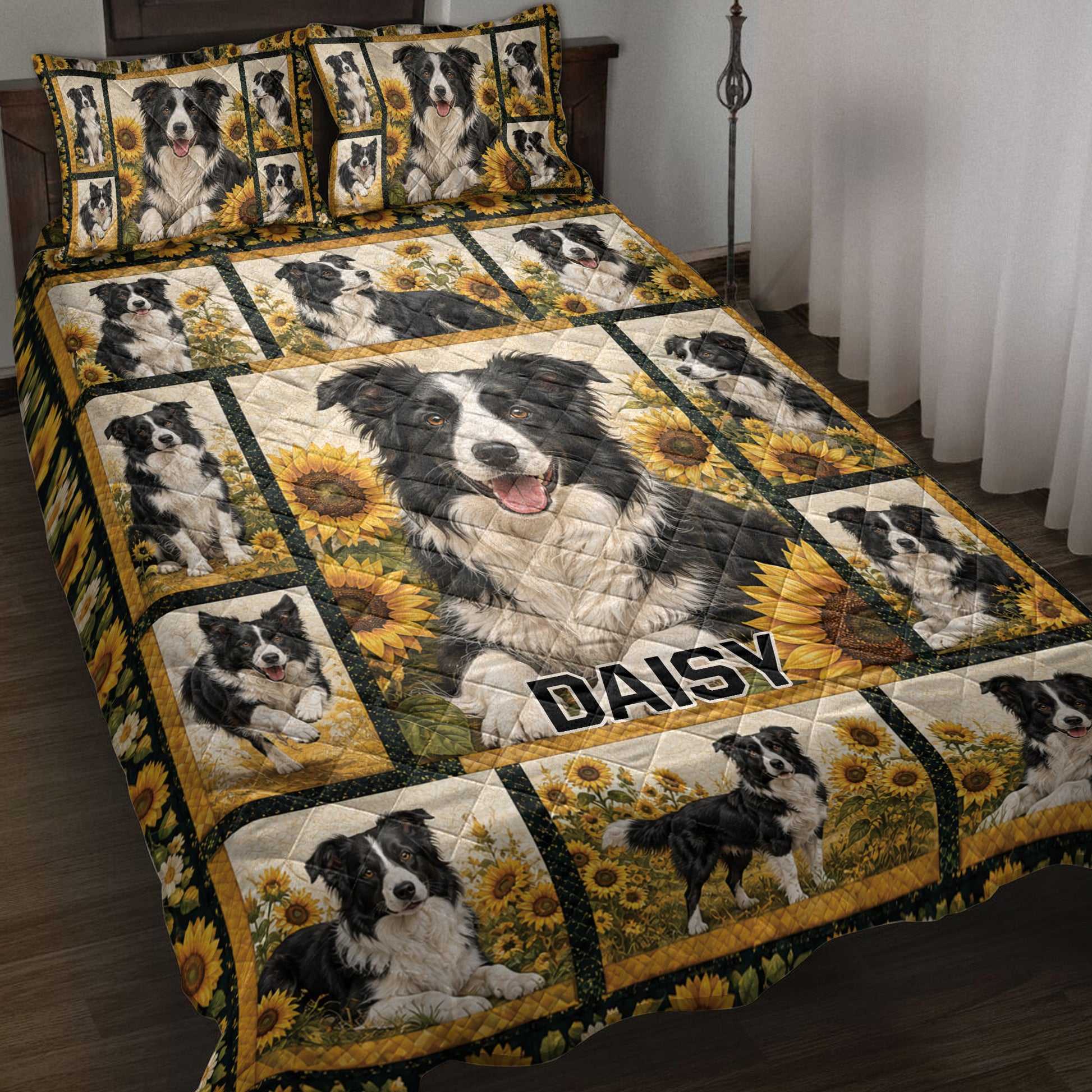 Border Collie quilt blanket bedding set with sunflower panels displayed on a bedroom bed
