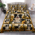 Border Collie sunflower quilt blanket styled across a bright contemporary bedroom