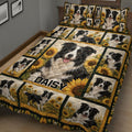 Border Collie quilt bedding set with multiple dog portraits and sunflower bedroom artwork