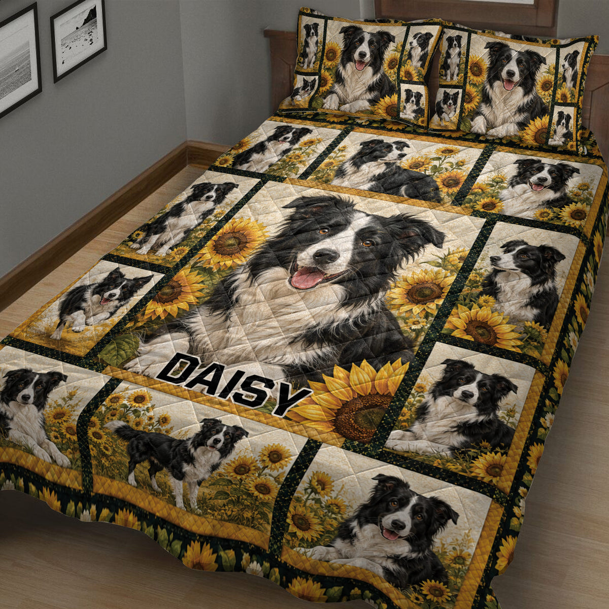 Border Collie quilt bedding set with multiple dog portraits and sunflower bedroom artwork