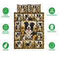 Border Collie quilt bedding set displayed with sunflower artwork, care icons, and colorful dog portraits