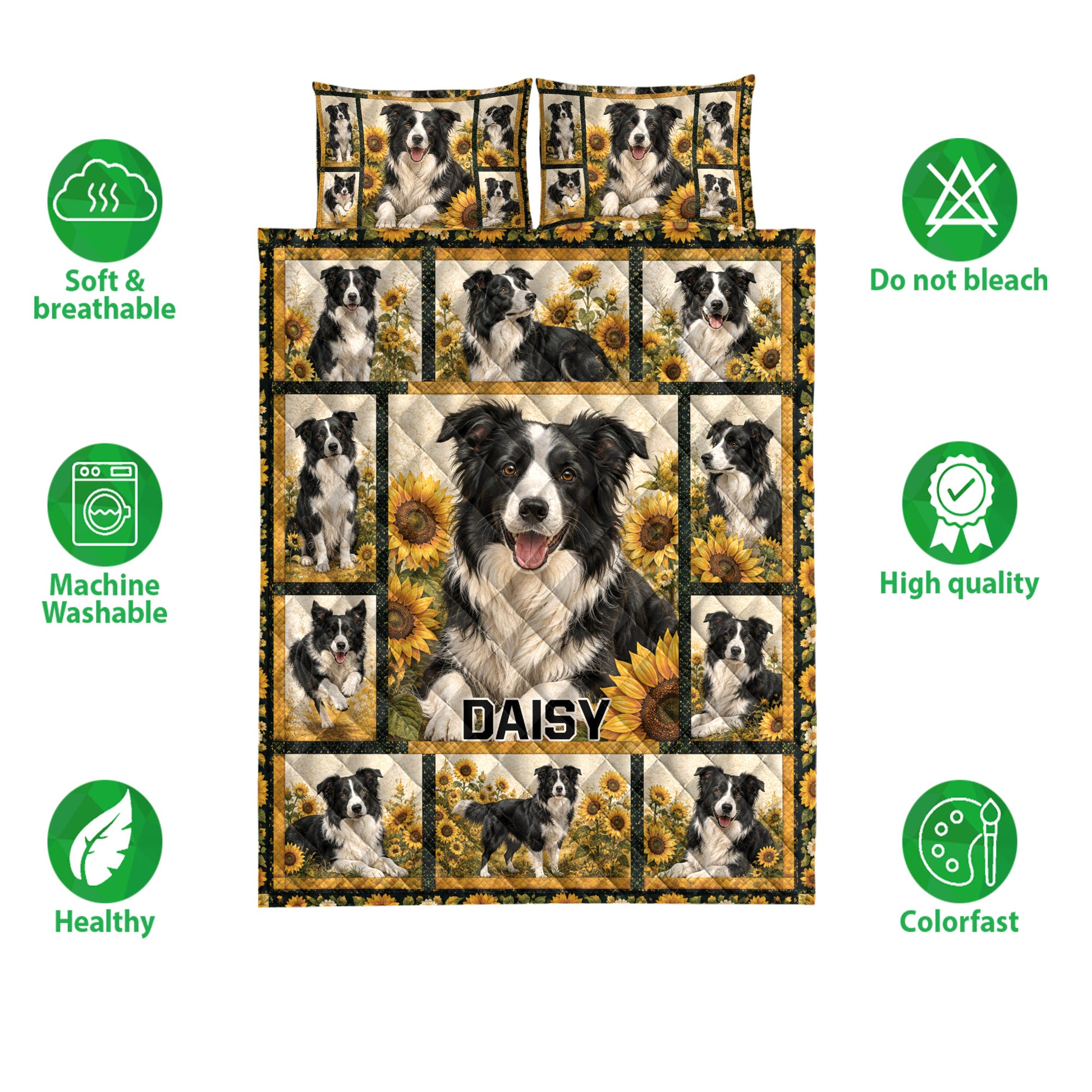 Border Collie quilt bedding set displayed with sunflower artwork, care icons, and colorful dog portraits