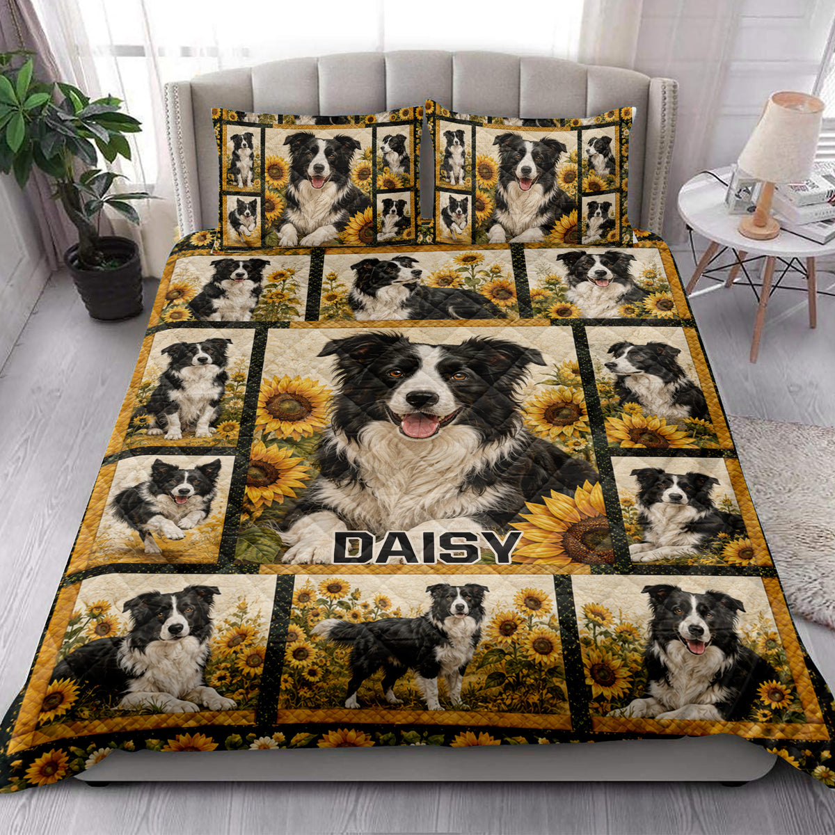 Border Collie quilt blanket styled on a bedroom bed with sunflower artwork and coordinated dog portraits